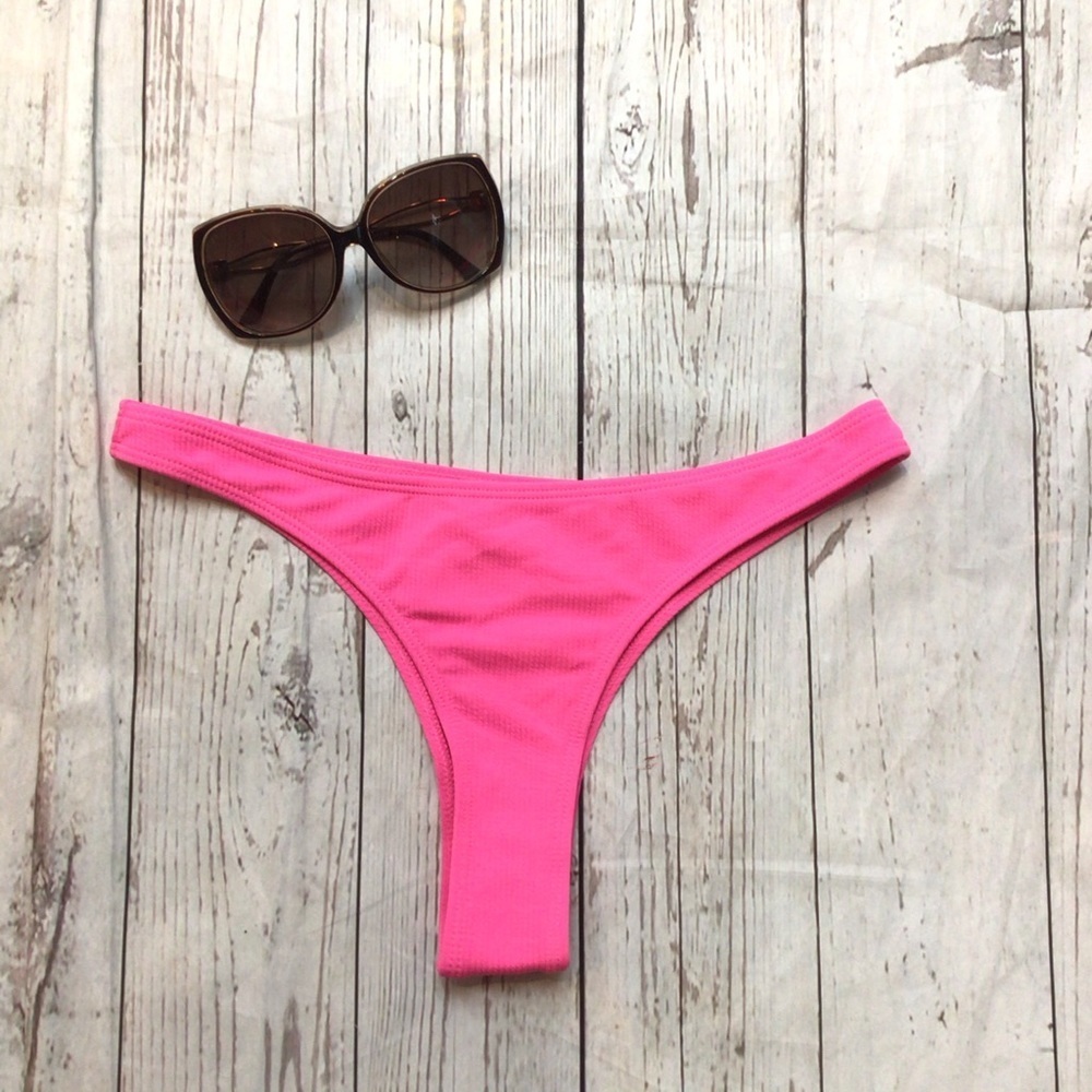 NWOT Pink Ribbed High Cut Cheeky Bikini Bottoms - Picture 4 of 7